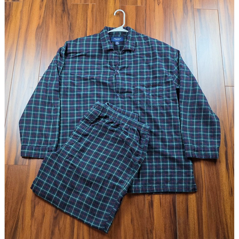 Nautica Sleepwear Mens Large Vintage Plaid Flannel Pajama Set Green Navy Cotton